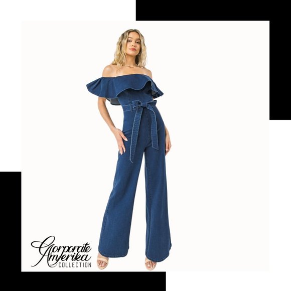Pants - Denim off the Shoulder Ruffle Belted Jumpsuit
